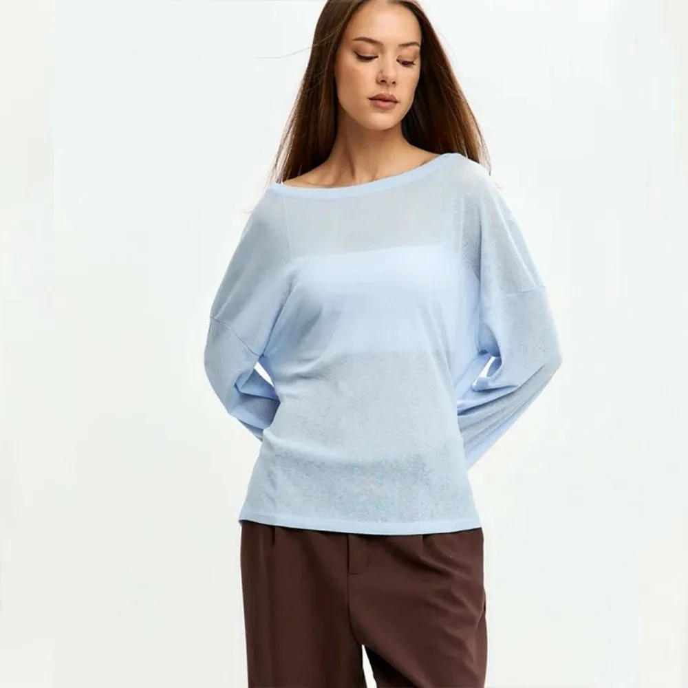 Koreanischer Stil, transparentes Langarm-T-Shirt, schulterfrei, locker geschnittenes, durchsichtiges Oberteil, hinten gebunden, Oversize-T-Shirt, lässig für den Alltag. – Detail 6