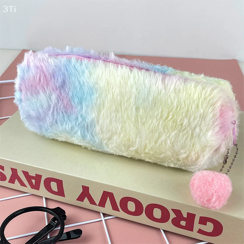 Gradient Color Plush Pencil Case Simple Large Capacity Stationery Storage Bag Creative Pen Pouch Makeup Bags School Supplies
