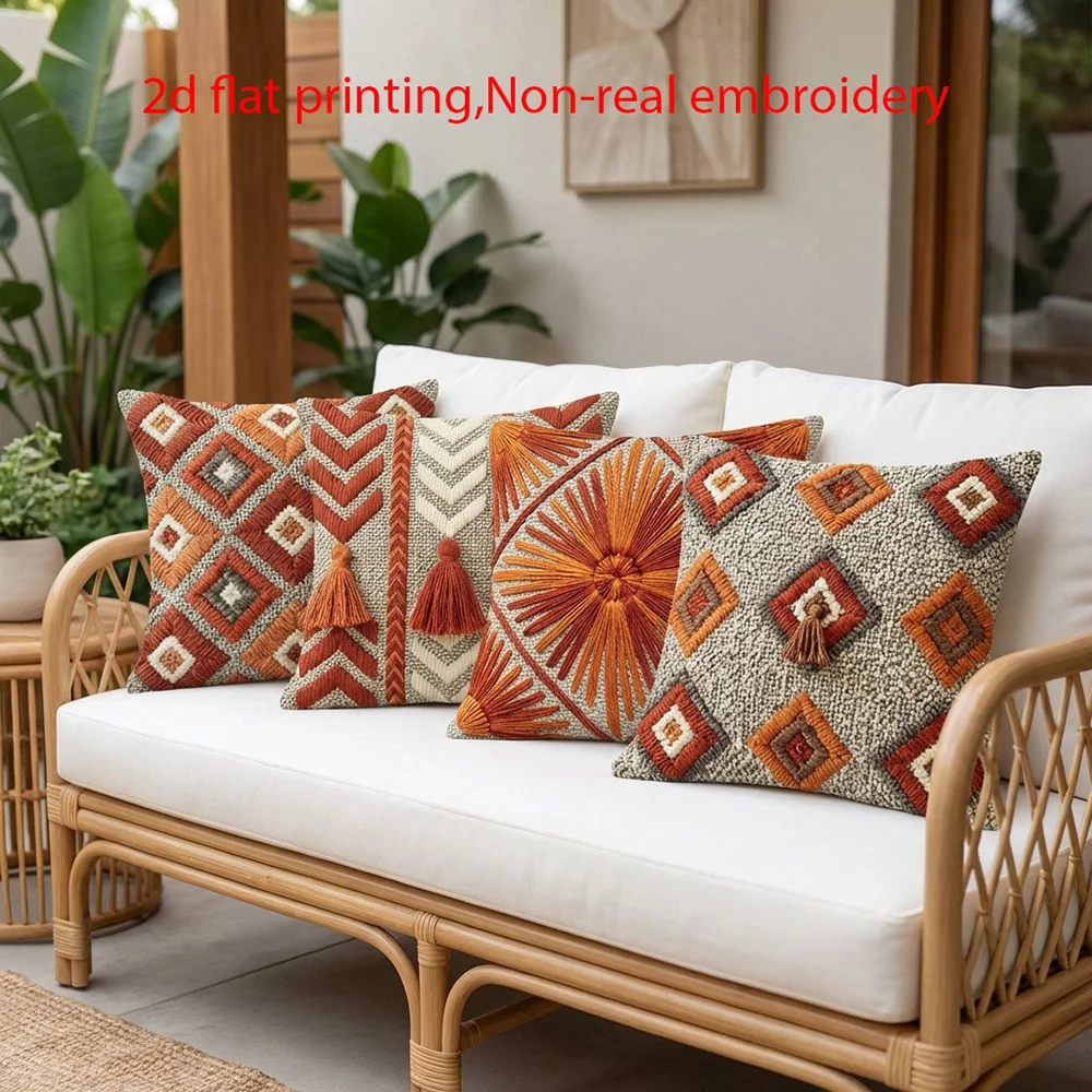 1PC 2D Flat Boho Geometric Throw Pillow Covers, Retro Tribal Decorative Cushion Cases for Couch Sofa Living Room No Pillow Core