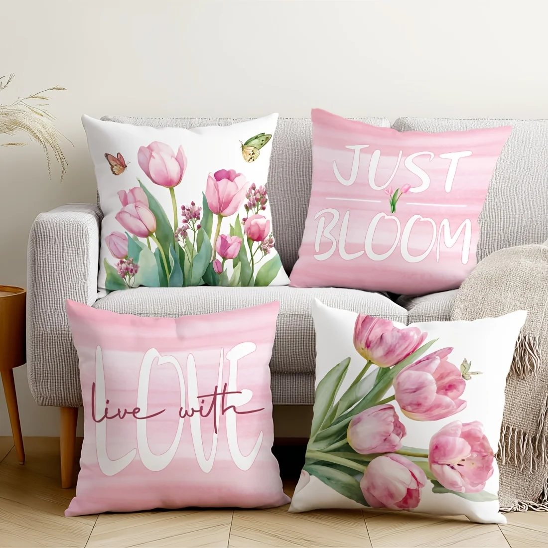 4Pcs Pink Tulip Pillow Covers 40x40cm Double-sided Printed Floral Butterfly Cushion Cases Spring Home Decor No Insert