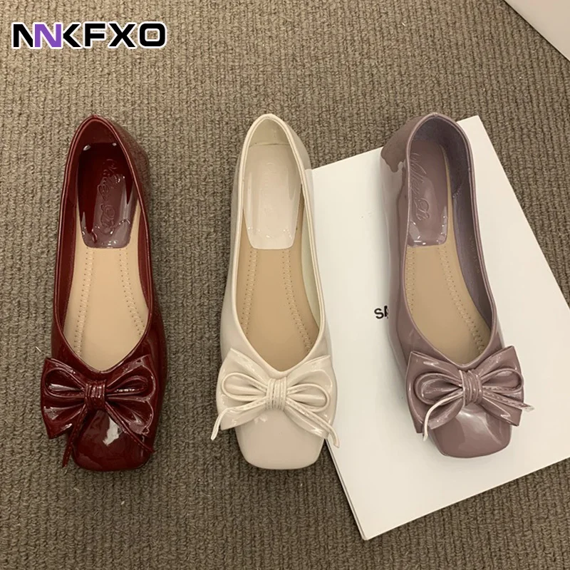 

Women's Flat Shoes 2023 Spring French Leather Bow Square Toe Single Shoes Versatile Gentle Casual Shoes