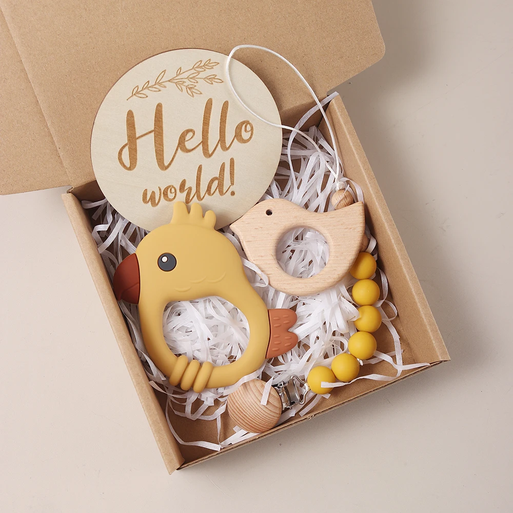 Conjunto con caja de regalo de 4 Uds. Y juego de hitos para bebé, Kit de accesorios para sesión de fotos de bebé, abalorio mordedor de silicona con forma de pájaro de madera