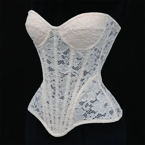 Women Floral Steel Bone Corset White Lace V Neck Sexy Transparent Mesh Bra Bustier Top Waist Shapewear Lingerie Overbust
