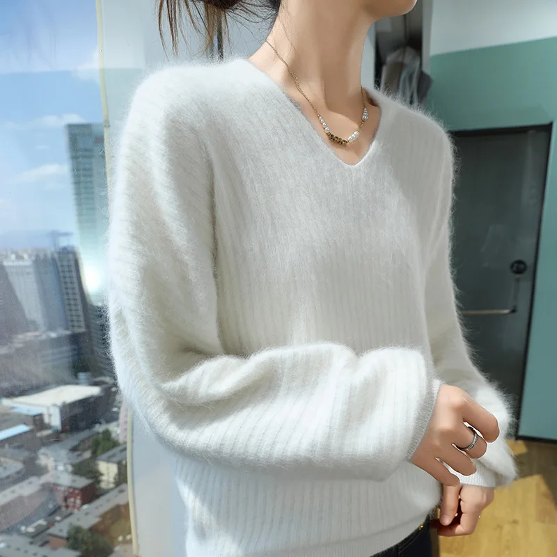 Ladies Big V-Neck Pullover Autumn and Winter New Slat Fashion Mink Cashmere Sweater Women Korean Version Loose Knit Long Sleeve