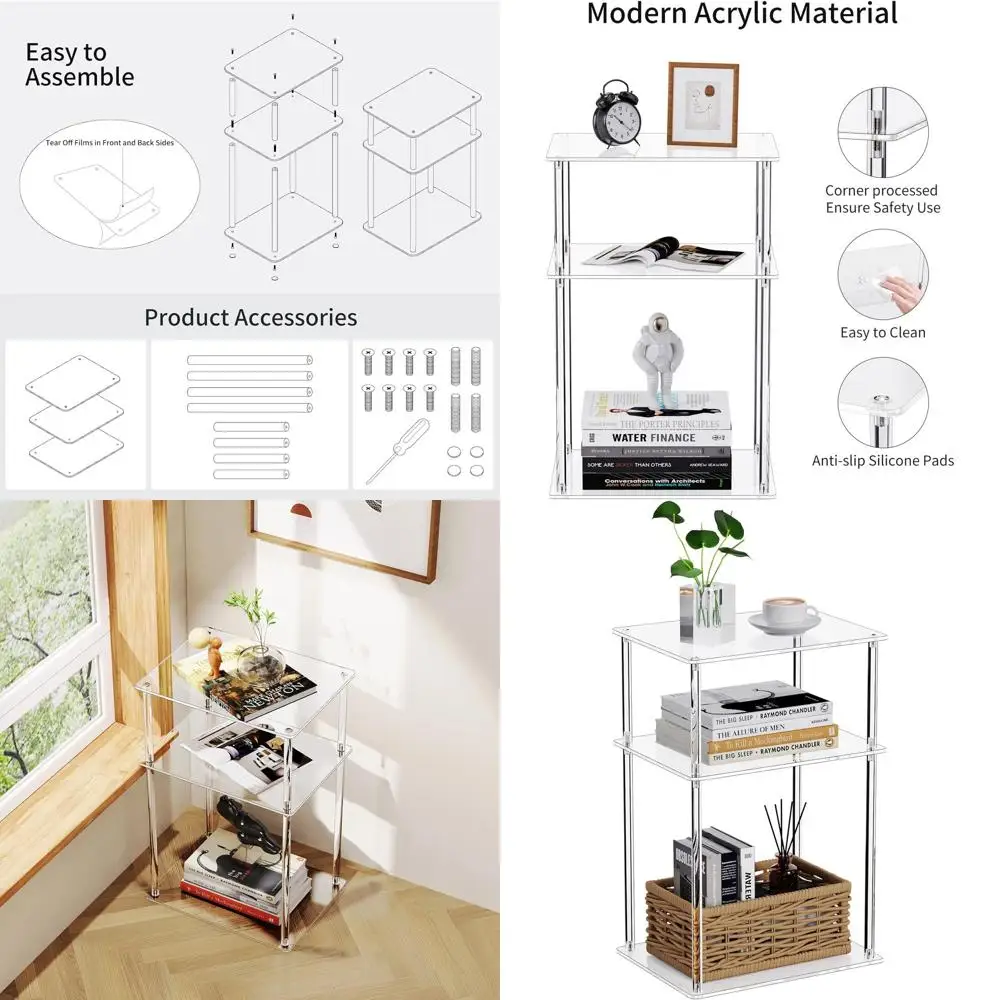 

Трехуровневый акриловый приставной столик, современный боковой столик для гостиной и спальни, 15.7x11.8x23.6 дюймов