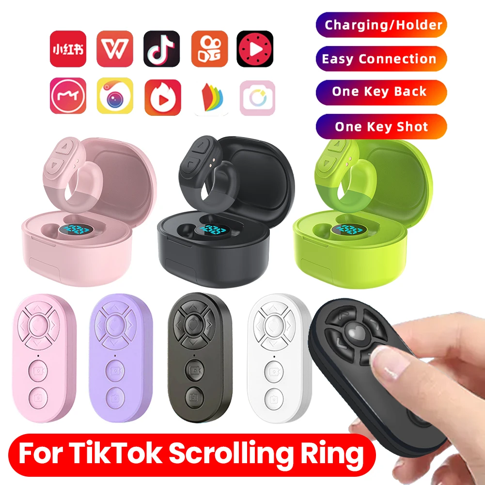 For TikTok Scrolling Ring Remote Page Turner Clicker Kindle App Camera Remote Bluetooth-Compatible for IPhone Ipad Android Phone