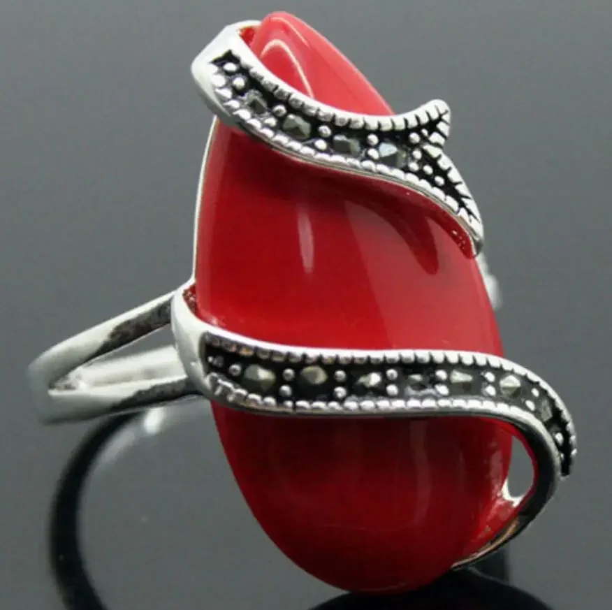 wholesale Unique 10X20mm Red Carved Lacquer Marcasite 925 Sterling Silver Lady Ring 7-10