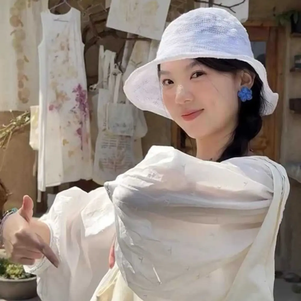 

Ins Korean Knitted Bucket Hat Cotton Yarn Breathable Fisherman Hat Visor Thin Basin Cap Beach