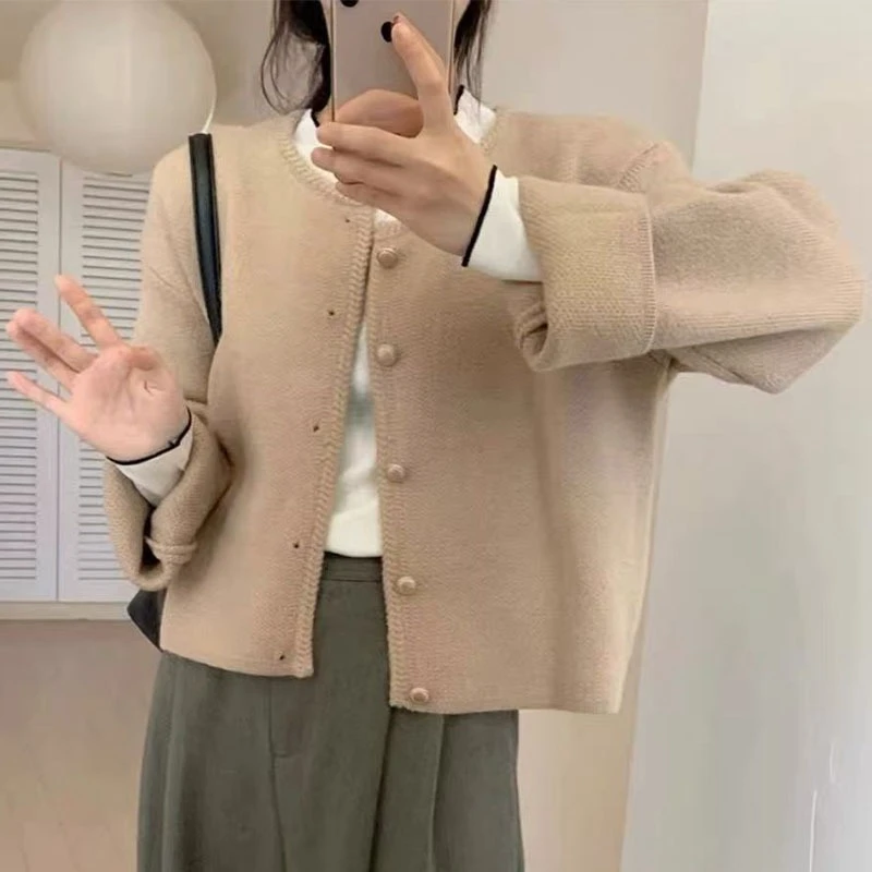 

Elegant Korean Style Knitted Sweater Gold Button Layering Pure Color Highji Grey Versatile Short Outerwear Trendy Open Cardigan