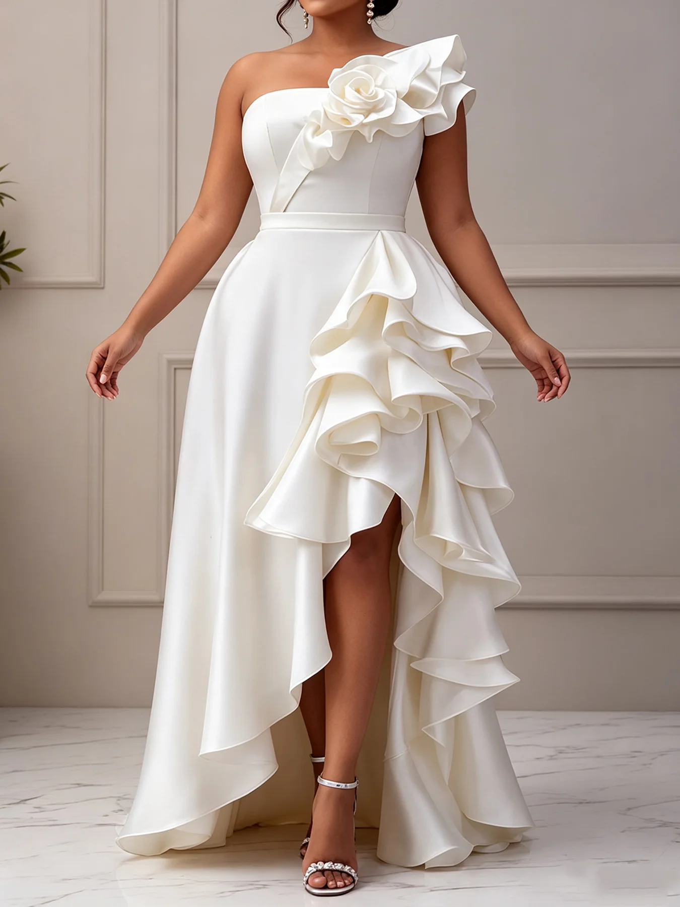 Vestido de noche de satén con un solo hombro para mujer de talla grande, con volantes florales en 3D, abertura alta asimétrica, vestido largo formal para invitadas de boda y fiestas.