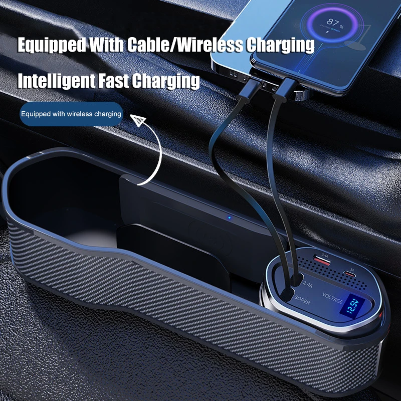 Car Supplies Wireless Charging Car Seat Gap Organizer With 40W USB-C/ Lightning Fast Charge Cable Center Console Storage Box
