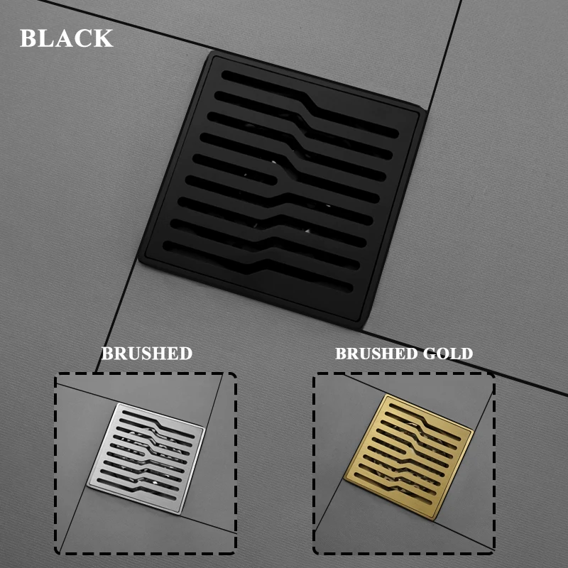 Stainless Steel Floor Drain Shower Room Washing Machine Square Brushed Gold Surface Black Wastes Hair Strainer Trap Floor Drain