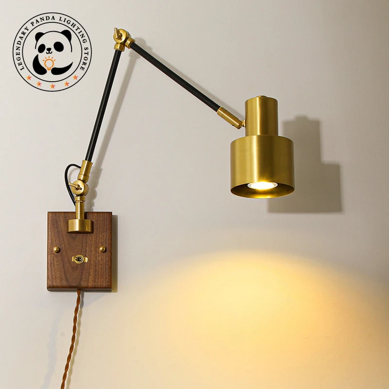 

Nordic Vintage Copper Wall Lamp Bedside Adjustable Long Swing Arm with Plug Switch Wood Sconces Bedroom Home Decor LED Lighting