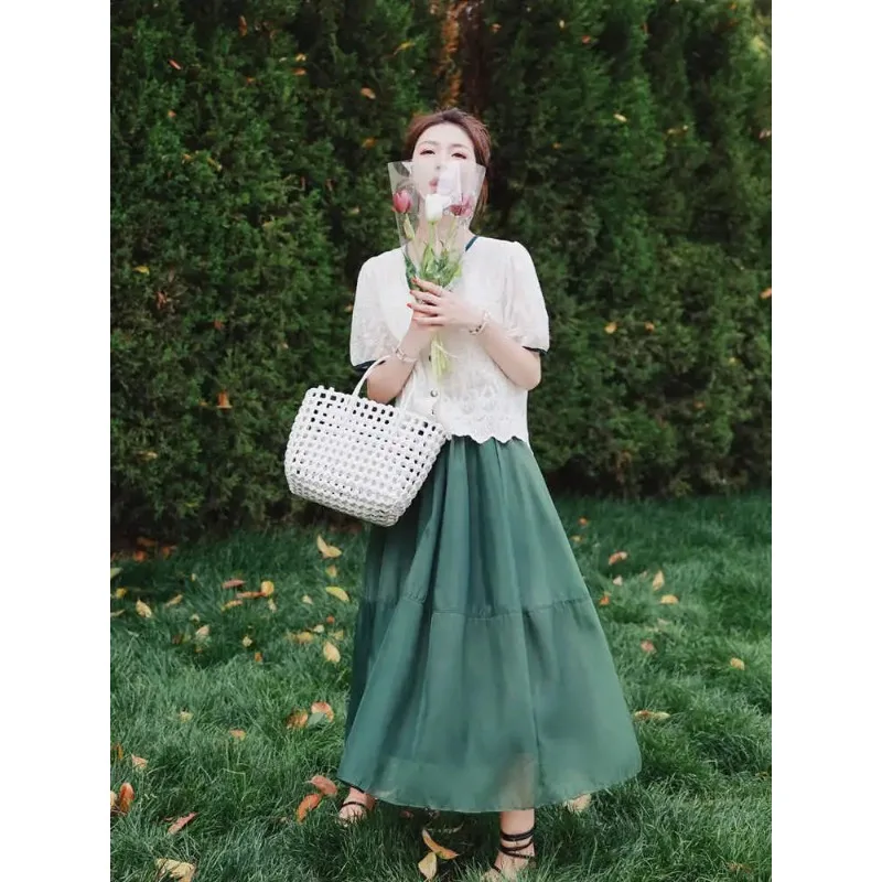 Women Embroidery Lace Short Sleeve Blouse Green Chiffon A Line Skirt