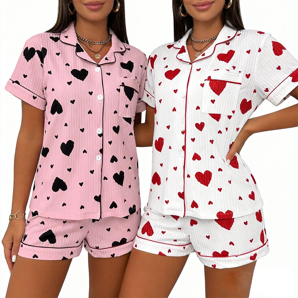

Women's Pajama Set Short-Sleeve Top with Heart Print and Buttons and Shorts Nightwear Outfit Sweet and Relaxed Loungewear