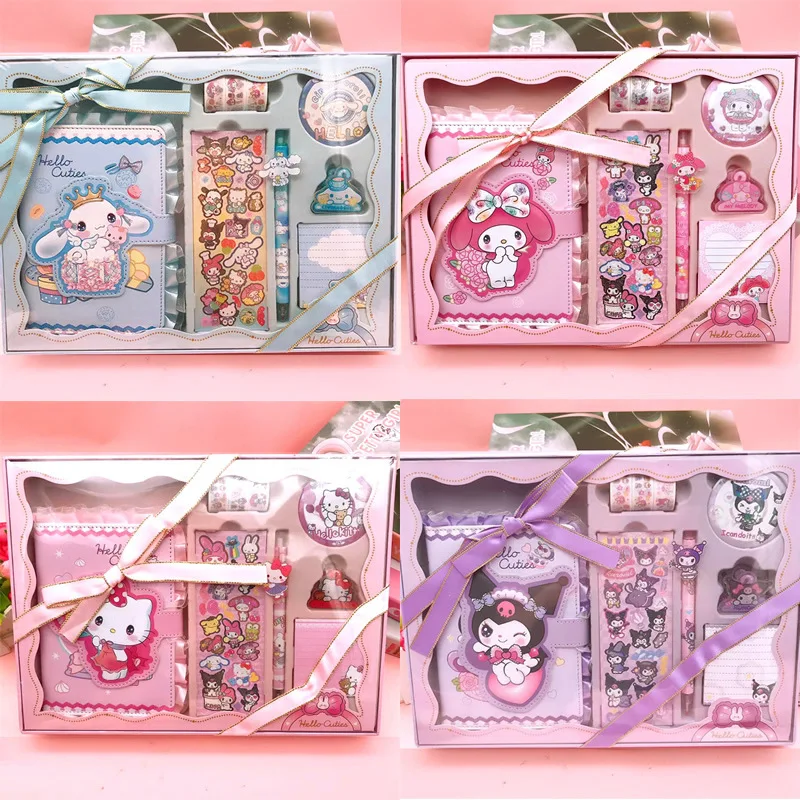 Kuromi Cinnamoroll Melody Stationary Set Back To School Gift Box Cartoon Notebook Gel Pen Sticker Tape Badge Book Clip Notepad