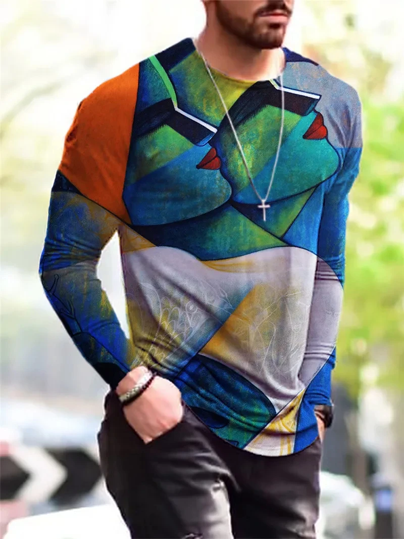 موضة متعدد الألوان براءات الاختراع والجلود ثلاثية الأبعاد تي شيرت مطبوع الخريف الاتجاه جديد الشارع تنفس Harajuku عادية رجالي كم طويل تي شيرت #3