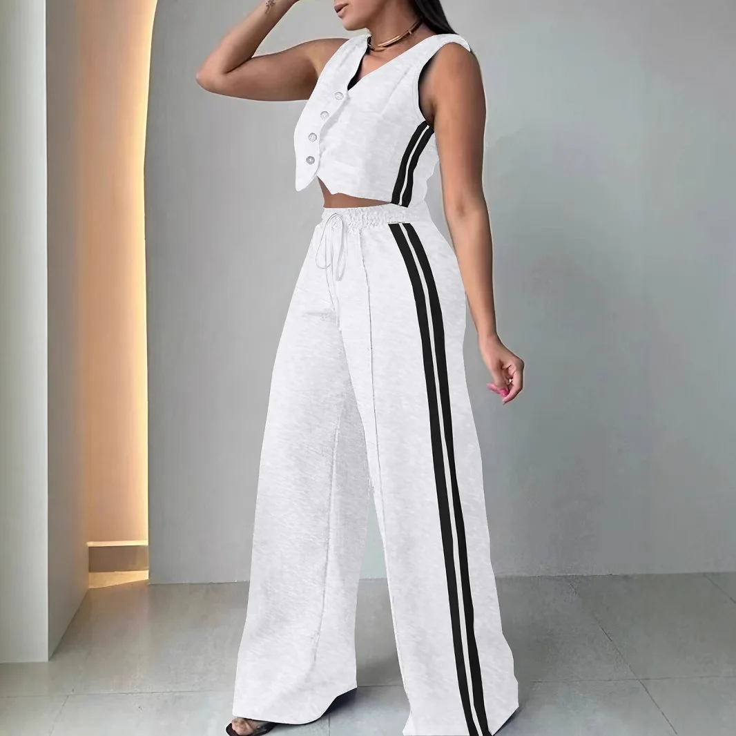 

Summer Fashion Vest 2 Piece Set Women Casual V-neck Button Vest Striped Wide Leg Pants Two Piece Set Women Office Ladies Outfit