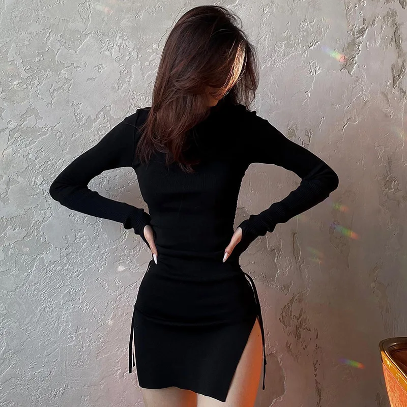 

New Women Sexy Bandage Side Slit Drawstring Long Sleeve Slim Mini Dress Female Party Black Streetwear Basic Bodycon Dress