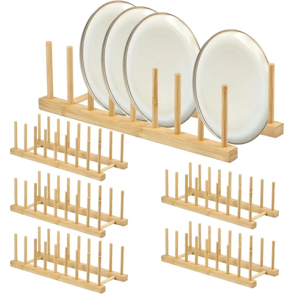 

6 Pack Bamboo Dish Dying Rack 8-Slot Wooden Plate Stand Holder Pot Lid Organizer Home Kitchen Cabinet Drainer Storage Racks or D