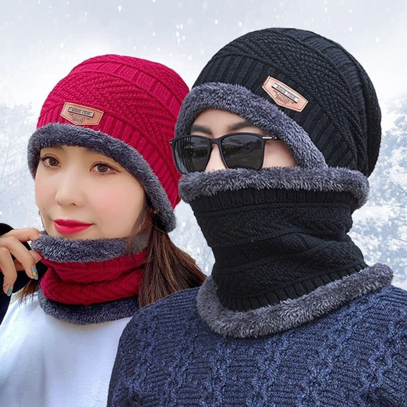 3pcs/Set Winter Warm Velvet Hat Scarf Gloves Set Winter Hats Knit Cap Men And Women Velvet Hat Coral Fleece Scarf Outdoor