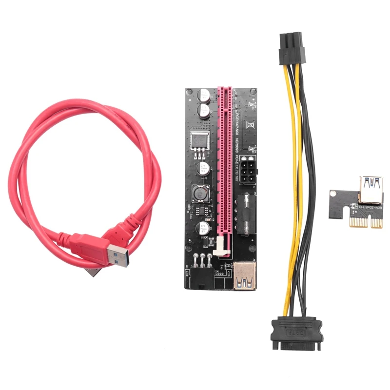 6Pcs VER009 USB 3.0 PCI-E Riser VER 009S Express 1X To 16X Extender Riser Adapter Card SATA 15Pin To 6 Pin Power Cable