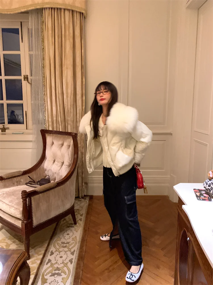 Dames Thiened Ort Down Jaet 2024 Nieuwe Sle Witte Grote Bontkraag Brood Sle Jas Koreaanse Versie Nylon Du Do...