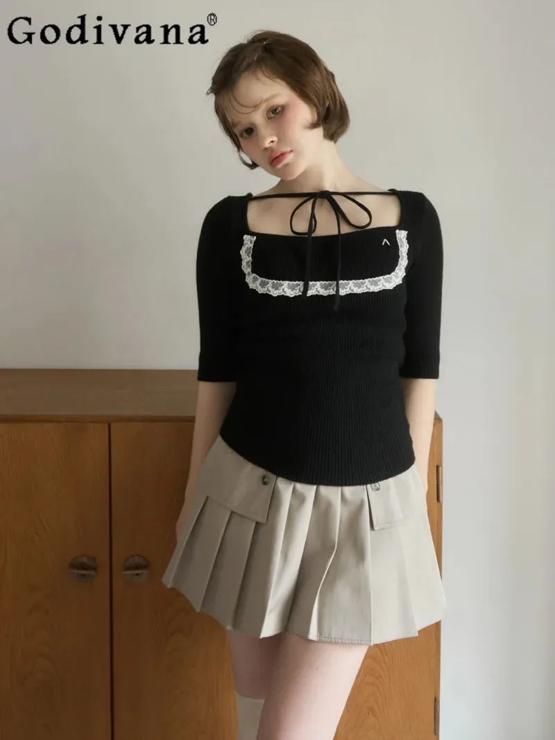 

Japanese Girl Sweet Lace Square Neck Short-sleeved Knitted Sweater 2026 New Pure Desire Wind Slim-fitting Lace-up Bow Top