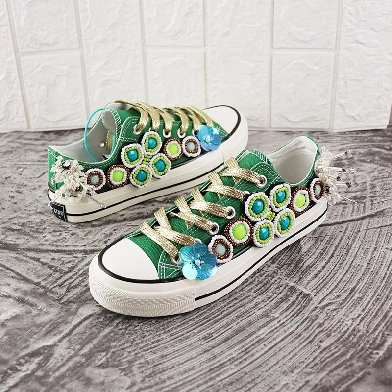 Europe Station Spring/Summer Heavy Industry Canvas Shoes Green Women Rhinestone Casual Shoes Women Sneaker Hand-made