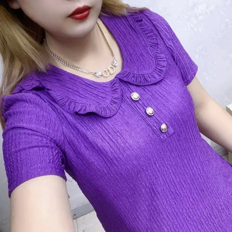 Peter Pan Collar Solid Color Pullover Button Summer Short Sleeve T-shirt Women\'s Clothing Casual Loose Summer All-match Tops