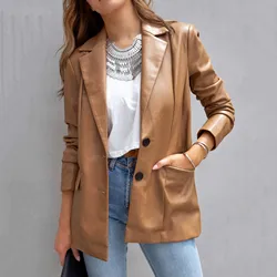 Women's Blazers Coats Tunic Leather Lapel Spring Autumn Chic Loose Fashion Lady Vintage Elegant Jacket Daily Wear Streetwear