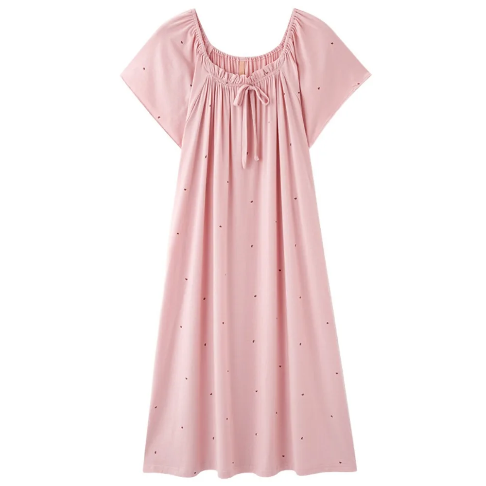 

High Waist Modal Women's Pajama Dress Loose Short Sleeve Dot Ruffle Nightdress Home Wear Sleepwear Lace Up Nightgown Home