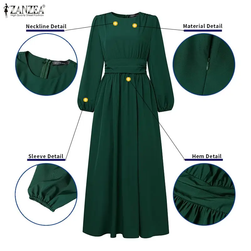 우아한 무슬림 아바야 드레스 ZANZEA 여성용 스타일리시한 솔리드 A라인 파티 드레스 O넥 긴팔 선드레스 라마단 로브 베스티도 카프탄