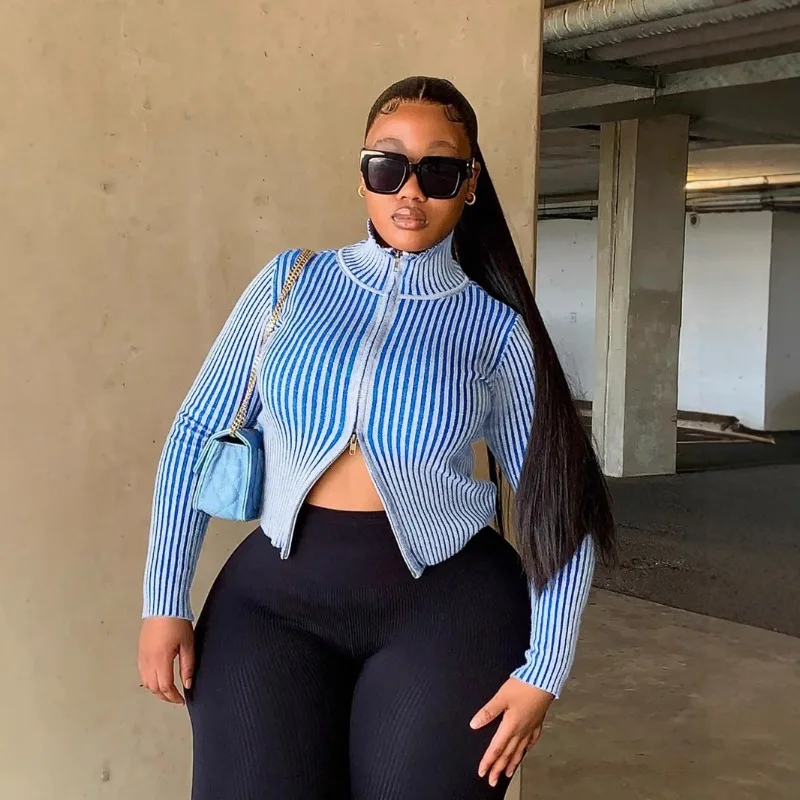 

2025 Fall Winter Striped Ribbed Knitted Jackets Women Turn Down Collar Long Sleeve Double Zippers Slim Sweaters Coat Outwears