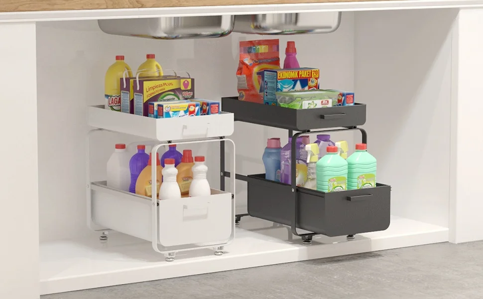 Unterschrank-Aufbewahrungsregal, 2-stufiger Küchenorganizer, für Küchenschrank und Badezimmer (Schwarz/Weiß) – Detail 1
