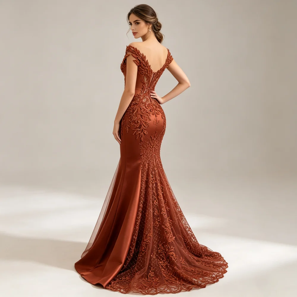 Customized Terracotta Off Shoulder Deep V Mother Of Bride Dresses Leaf Lace Appliques Mermaid Train Formal Wedding Guest Gown image 2