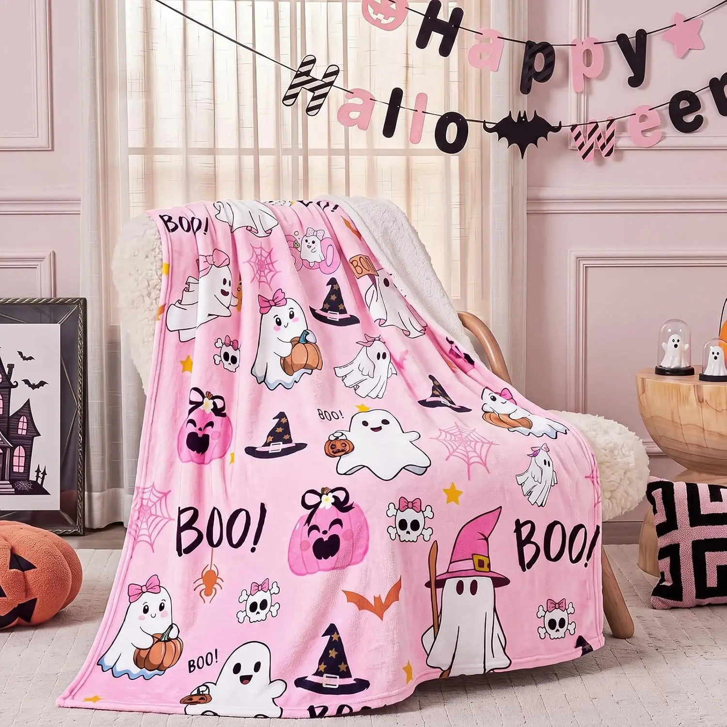 Irenare 1 Pack Halloween Throw Blanket 50 x 60 Inch Pink Ghost Boo Pumpkin Fleece Throw Blankets Cute Bats Flannel Blankets Soft Cozy Lightweight Halloween Blanket Decoration for Couch Sofa Bed