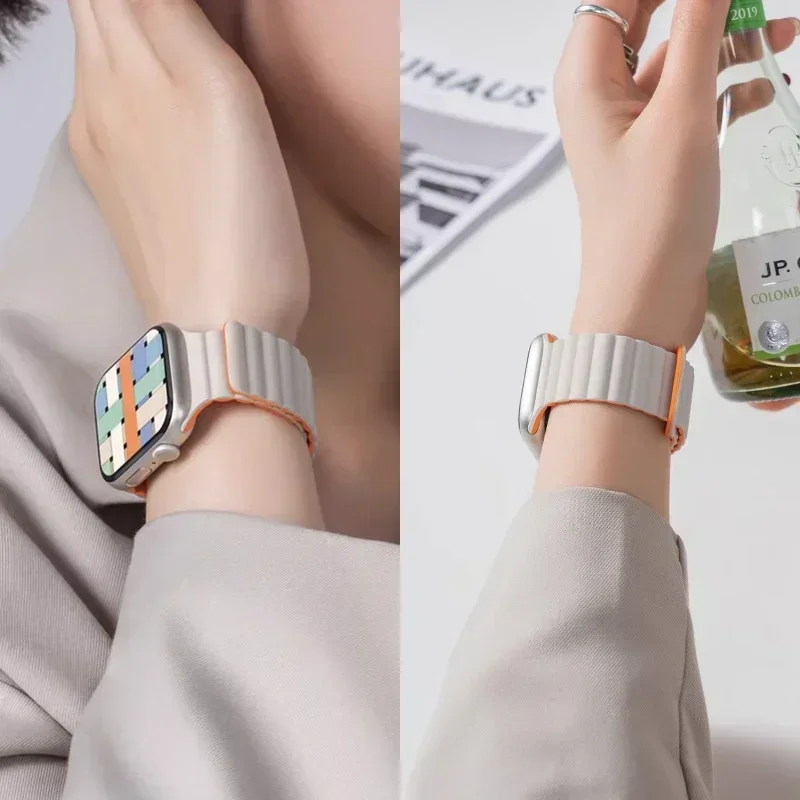 Магнитный ремешок для Apple Watch, 46 мм, 42 мм, 49 мм, 45 мм, 44 мм, 41 мм, силиконовый спортивный браслет iWatch Series ultra 10 9 8 7 6 5 SE