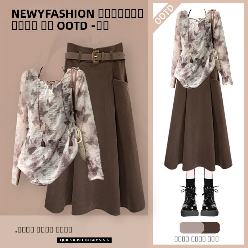 

Laid-ba Long Sve T-irt Set High Waist Slimming Skirt Autumn Faion Loose Feel f-length Design Ensemble