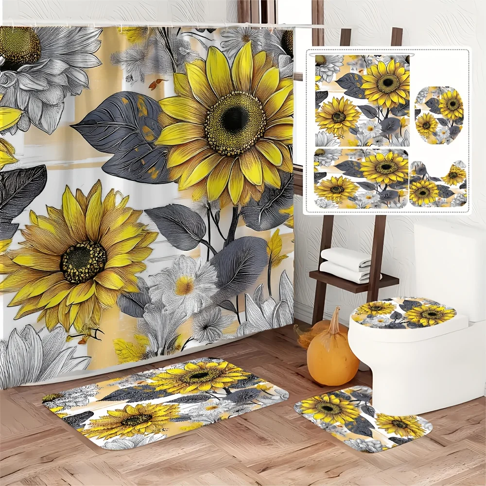 

4pc Yellow and gray sunflower patterned bathroom set, includes hooks, bathroom mat, U-shaped mat, and toilet mat.