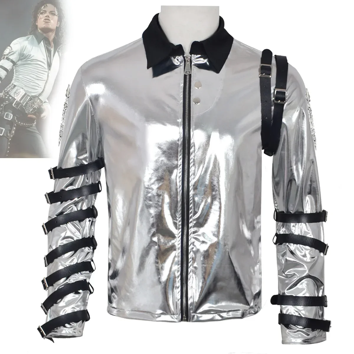 

Impersonator Michael Jackson Costumes Jacket BAD Tour Silver Bodysuit Jacket Outerwear for Collection Halloween Performance Leat