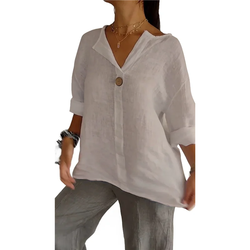 

ASDS-Women's Linen Shirt Button Down V Neck Solid Blouse 3/4 Sleeves Casual Loose Fit Tunic Tops Summer T Shirts