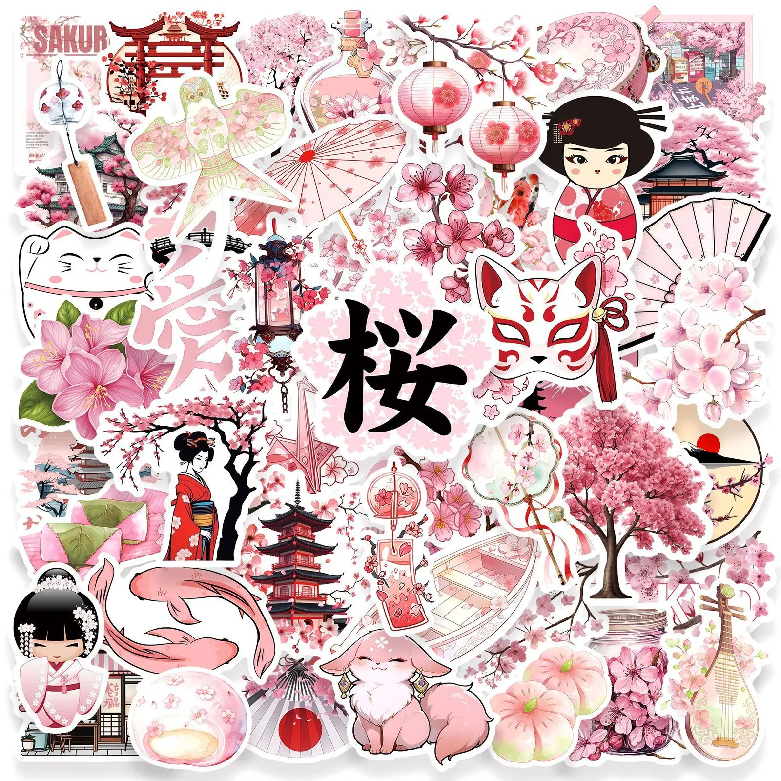 50 Pcs Cute Japanese‑Style Cherry Blossom Pink Cartoon Graffiti Stickers, Waterproof Decals for Water Bottles & Cups