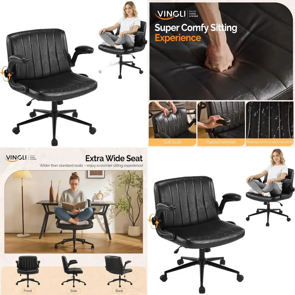 

Adjustable Arm Flip-Up Cross Leg Chair, Wide Wheeled Office Desk Chair, Comfortable PU Leather Home Office, Vanity, Bedroom Blac