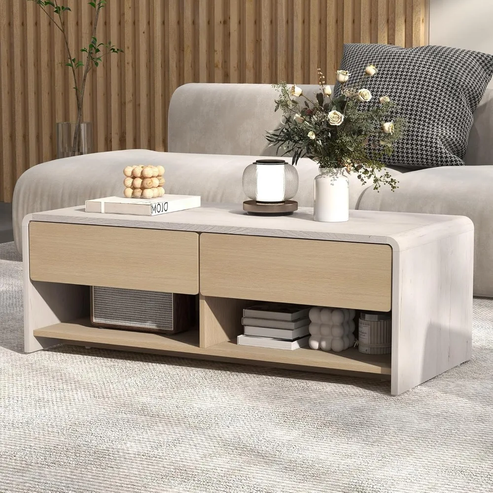 

Coffee Table with Storage Drawers, 43 Inch Modern Cocktail Tea Table with 2 Compartments, Wooden Rectangular Center