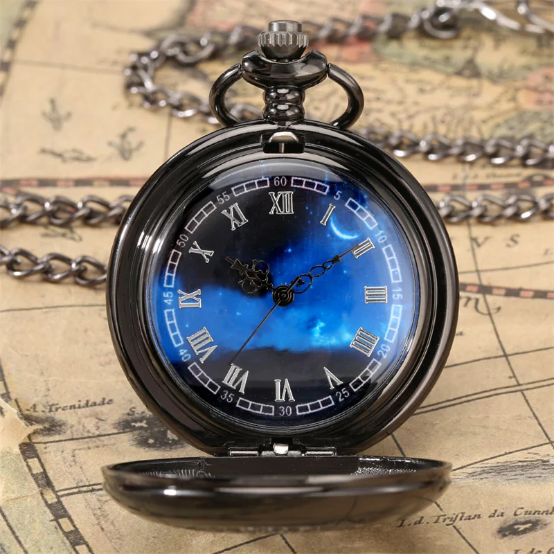 Mysterious Blue Starry Sky Pocket Watch Roman Numerals Galaxy Quartz Fob Watch with Pendant Necklace Chain Perfect Gift Idea