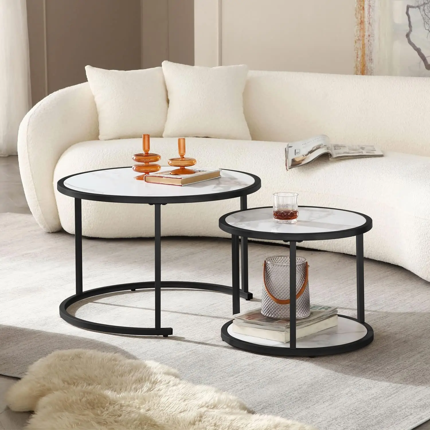 Round Coffee Table For Living Room, Marble Nesting Table Set Of 2 With Marble Wooden Top And Metal Frame - Black Frame