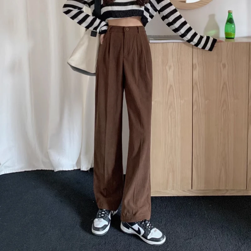 Vintage Women Clothes Fashion High Waist Straight Trousers Autumn Corduroy Pants Casual Solid Wide Leg Pants with Pockets 29096