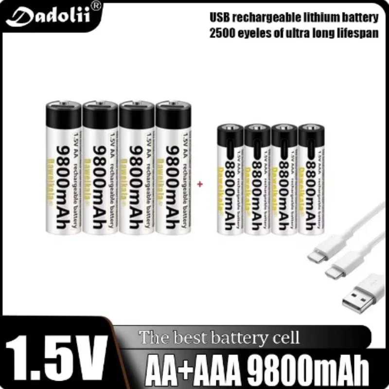 

1.5V AA + AAA USB Rechargeable battery AA 9800mAh/AAA 8800mAh li-ion batteries for toys watch MP3 player thermometer+ Cable