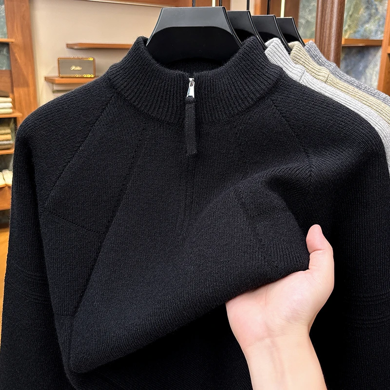 High Quality knitted solid color men's sweater new fashion half zipper stand collar casual comfort winter thicken warm pullover
